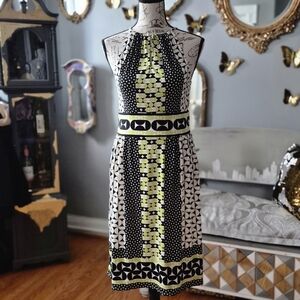 Maggy London 70s Vibe Black, White, and Green Geometric Midi Dress Size 4